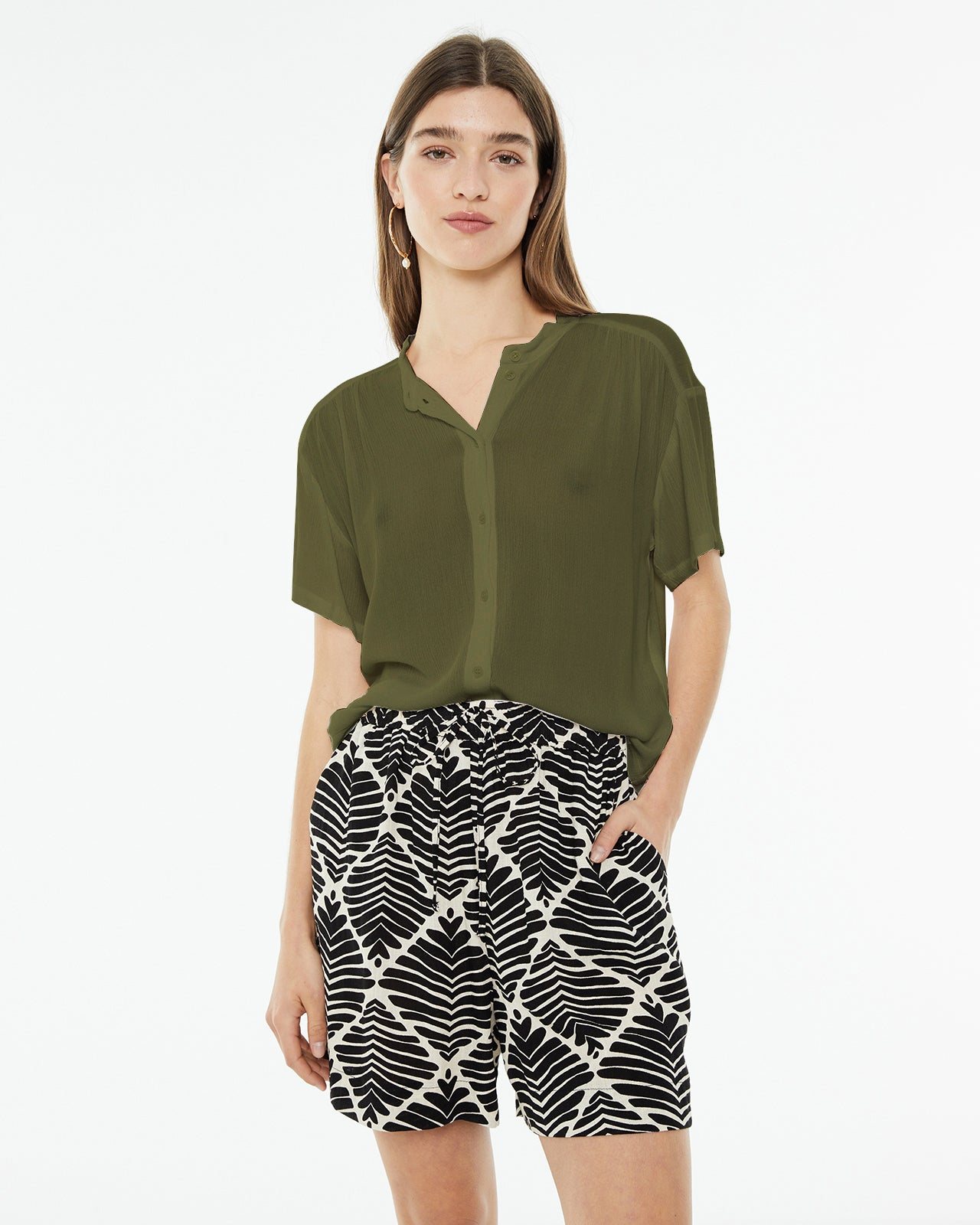 Camisa tejido bambula oversize de manga caída con cuello mao
