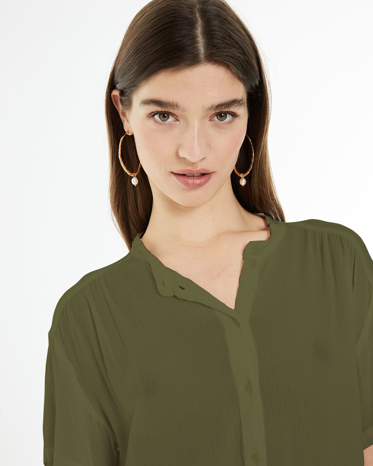 Camisa tejido bambula oversize de manga caída con cuello mao